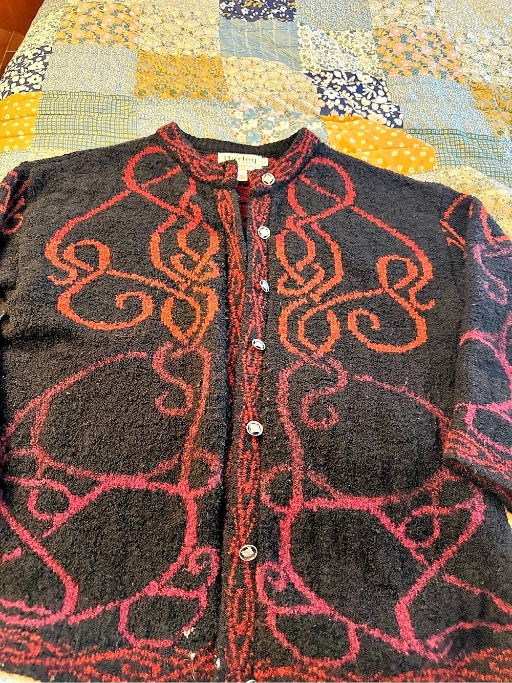 Harley of Scotland Women's Abstract Cardigan Black & Red Large